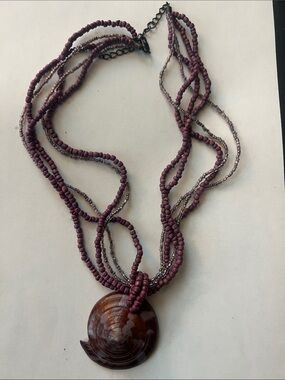 Beaded Purple Multi-Strand Necklace with Shell Pendant 21 inches in length